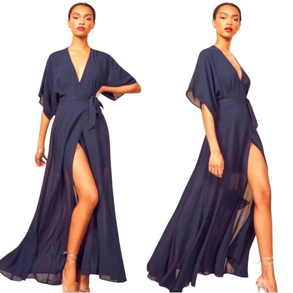 REFORMATION Navy Blue Winslow Maxi Wrap Dress Size XS - Picture 4 of 16